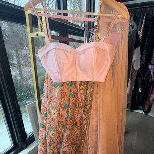 Blush Lilac Floral Embroidered Indian Lehenga Set | Satin Bralette + Skirt + Net